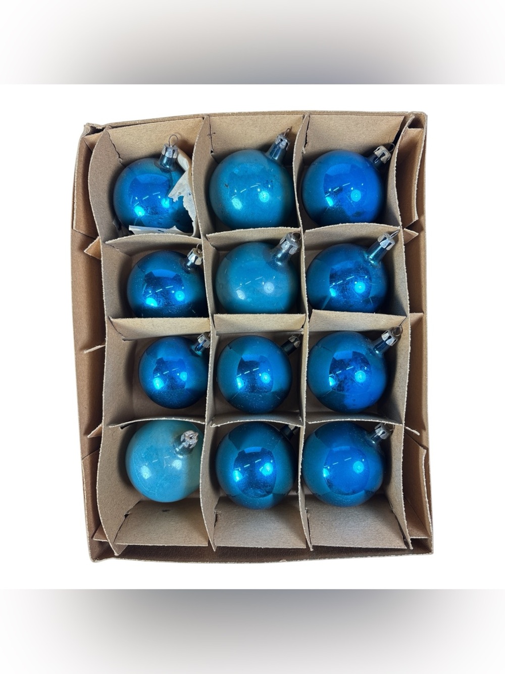 Vintage Fantasia Brand Poland Blue 2" Glass Christmas Tree Ornament Box of 12